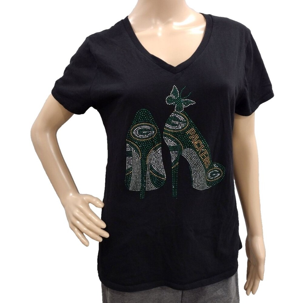 Green Bay Packers NFL Team Women's Large Black V neck w Rhinestone Heels T-shirt